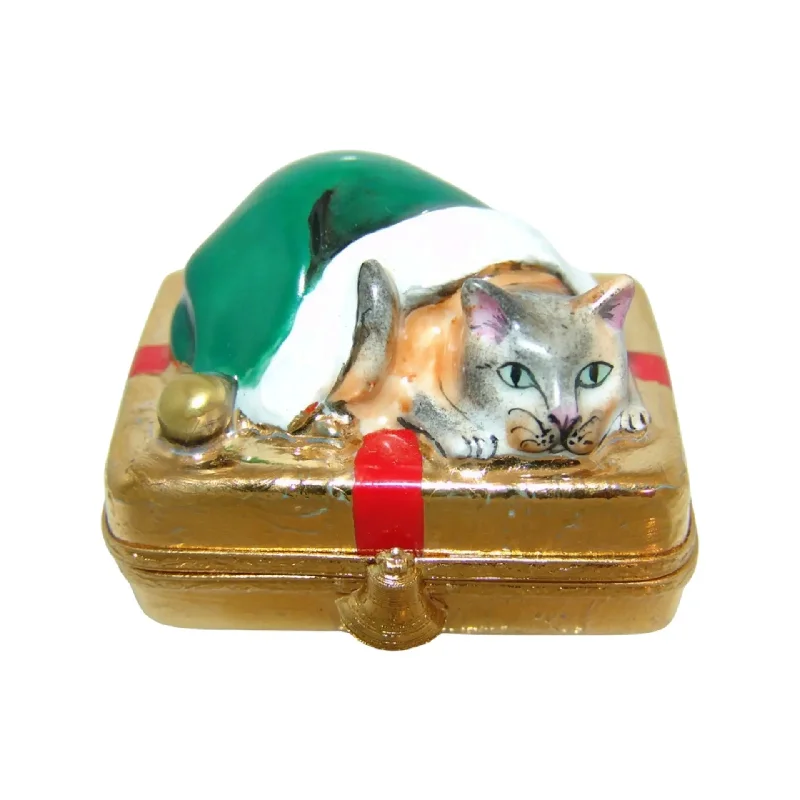 Santa Cat On Gold Present