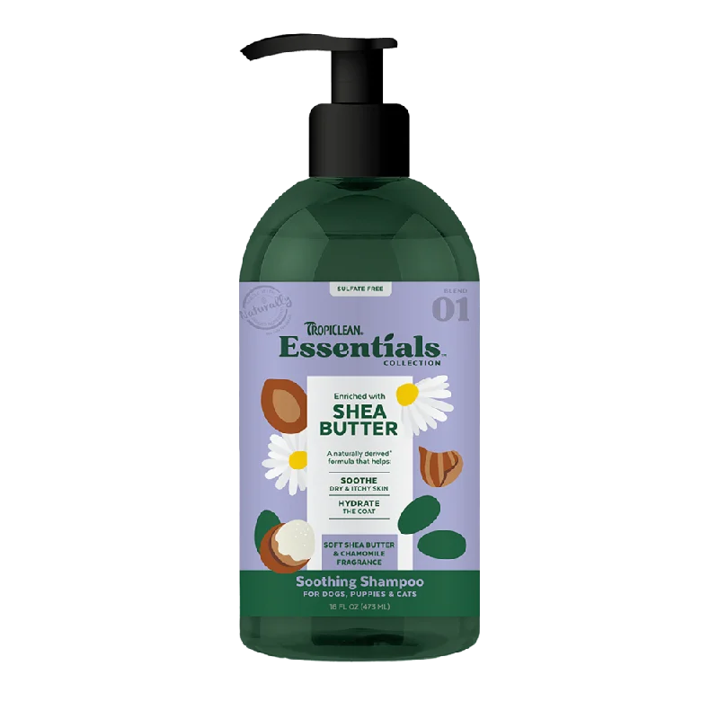 TropiClean Essentials Soothing Shampoo Shea Butter - Soft Shea Butter & Chamomile for Dogs, Puppies & Cats 16oz