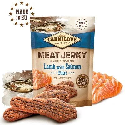 CARNILOVE Jerky Recompensă pentru câini, File de miel şi somon 100g