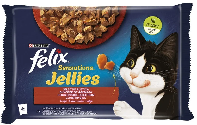 FELIX Sensations Gelees plicuri pentru pisici, vită şi pui, 4x85g