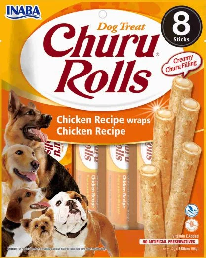 INABA CHURU Rolls Recompensă pt. câini, Baton Pui, Pachet cu 8 bucăţi x 12g