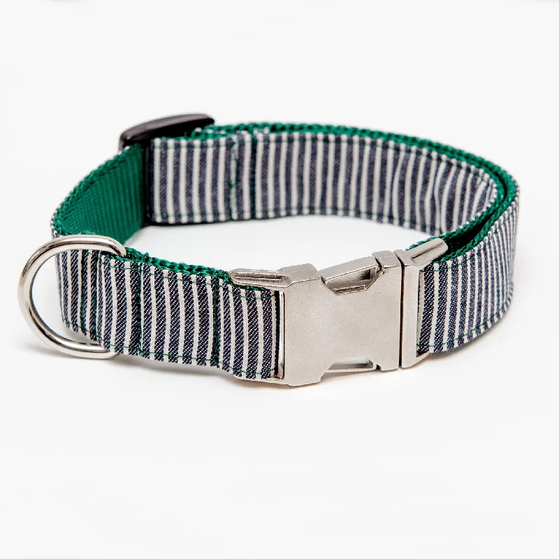 Railroad Canvas Stripe Denim with Forest Green DOG COLLAR (Made in the USA) (FINAL SALE)