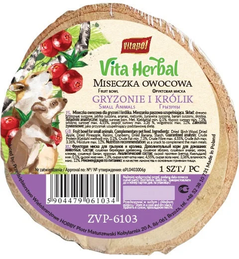 VITAPOL Vitaherbal Fruit, Bol de lemn, cu fructe, pentru animale mici 1buc